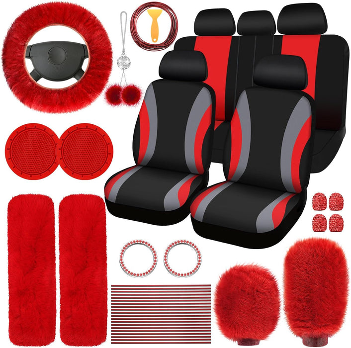 43 Pcs Car Seat Cover Full Set for Women Christmas Fuzzy Car Accessories Fluffy Steering Wheel Cover Front Rear & Belt Handbrake Shift Accessory for Winter (Rose Red)