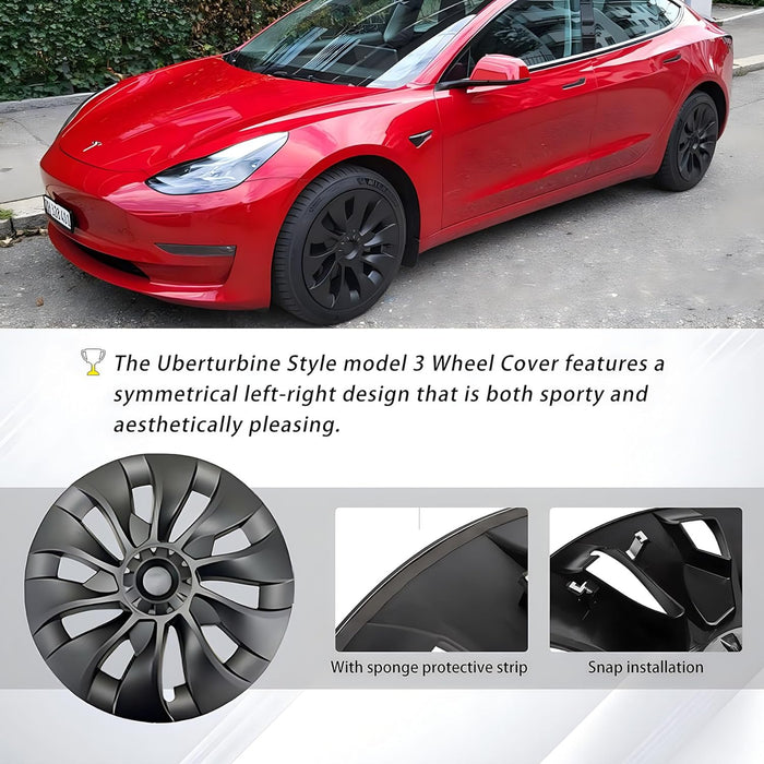 Fits Tesla Model 3 Wheel Cover Hubcap 18 Inch Matte Black Support Logo Symmetry Design (4 PCS) Uberturbine Style for 2017-2023 Model 3 Aero Wheel Cover Replacement