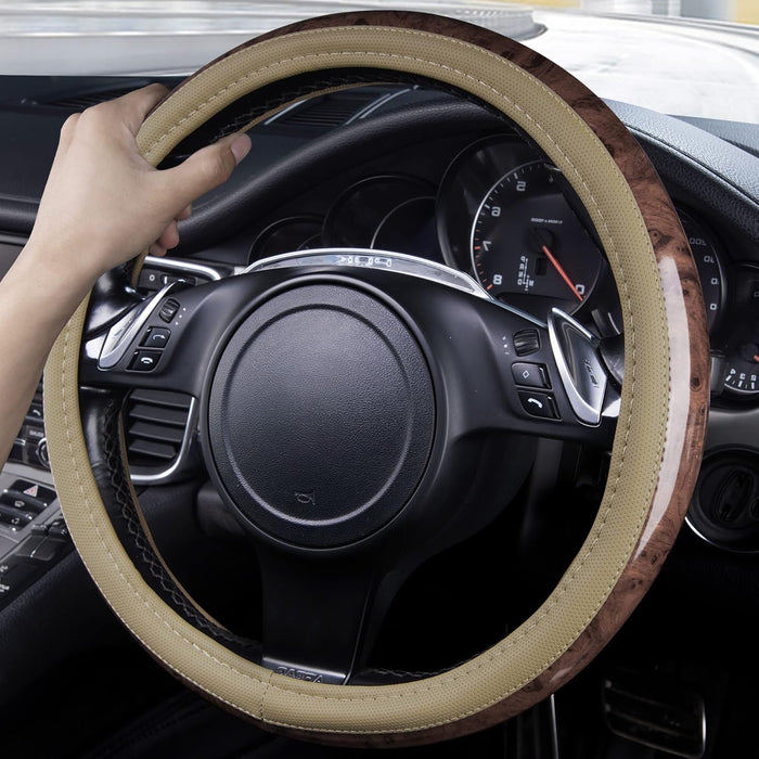 Wood Grain Microfiber Leather Steering Wheel Cover, Universal Fit for 14 1/2-15 Inch Beige Steering Wheel, Anti-Slip Veins Design, Cars,Suvs,Minivans, Sedans (Beige)