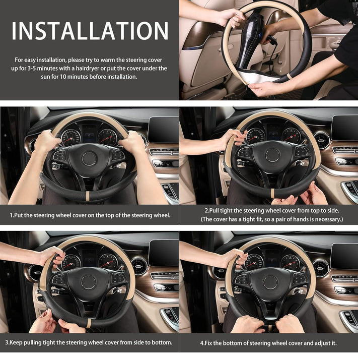 Breathable Car Steering Wheel Cover 16 Inch Auto Universal Leather Wrap Non-Slip Steeringwheel Protector Automotive Interior Accessories, Beige (Suit for 15.5-16 Inch)