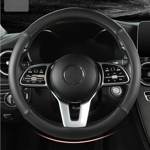 15 Inch Universal Premium PU Leather Steering Wheel Cover, Full Wrap Anti-Slip and Breathable Design for Car, Black