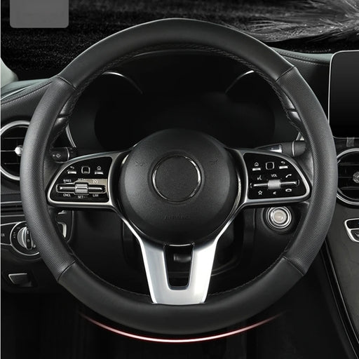 15 Inch Universal Premium PU Leather Steering Wheel Cover, Full Wrap Anti-Slip and Breathable Design for Car, Black