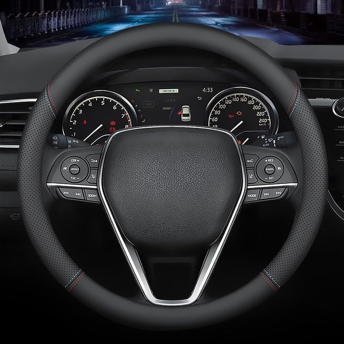 Nappa Premium Leather Car Steering Wheel Cover, Non-Slip, Breathable, Universal 15 Inches (Red Blue Line)