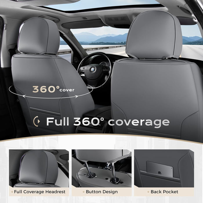  Leather Seat Covers Full Set, 5 Seats Seat Covers for Cars, Waterproof Nappa Leather Car Seat Covers with Head Pillow, Seat Protectors Car Seat Cushion Universal Fit for Most Cars (Gray&Black)