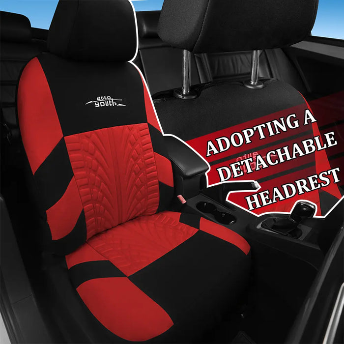 Car Seat Covers for 5 Seats Universal, Fabric Breathable Car Front & Rear Seat Protectors, with Tire Track Details, Airbag Compatible, Full Protection, Fits Most Cars Trucks Vans Suvs, Red Vehicle Seat Covers, Truck Accessories, Car Interior Accessories