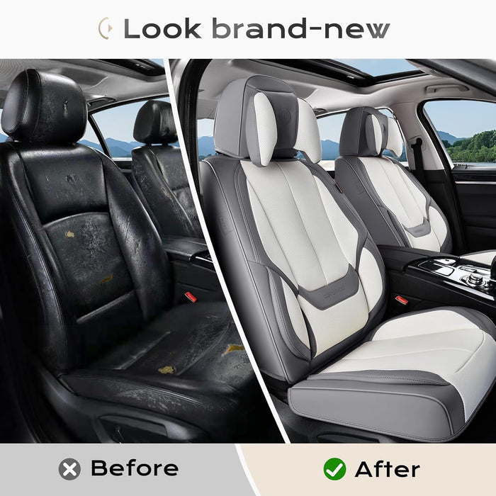 **Universal Waterproof Nappa Leather Car Seat Covers Full Set for 5 Seats – Luxury Seat Protectors with Head Pillows, Airbag Compatible, Universal Fit for Cars, SUVs & Trucks, Gray & White*