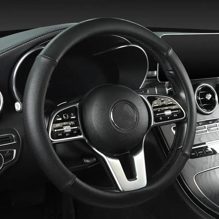 15 Inch Universal Premium PU Leather Steering Wheel Cover, Full Wrap Anti-Slip and Breathable Design for Car, Black