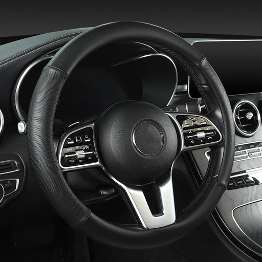 15 Inch Universal Premium PU Leather Steering Wheel Cover, Full Wrap Anti-Slip and Breathable Design for Car, Black