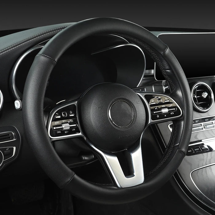 15 Inch Universal Premium PU Leather Steering Wheel Cover, Full Wrap Anti-Slip and Breathable Design for Car, Black