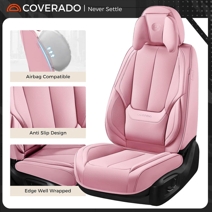 Universal Car Seat Covers Full Set – Waterproof Nappa Leather Seat Covers for Cars, SUVs & Trucks, Luxury Interior Protection with Head Pillows, Pink