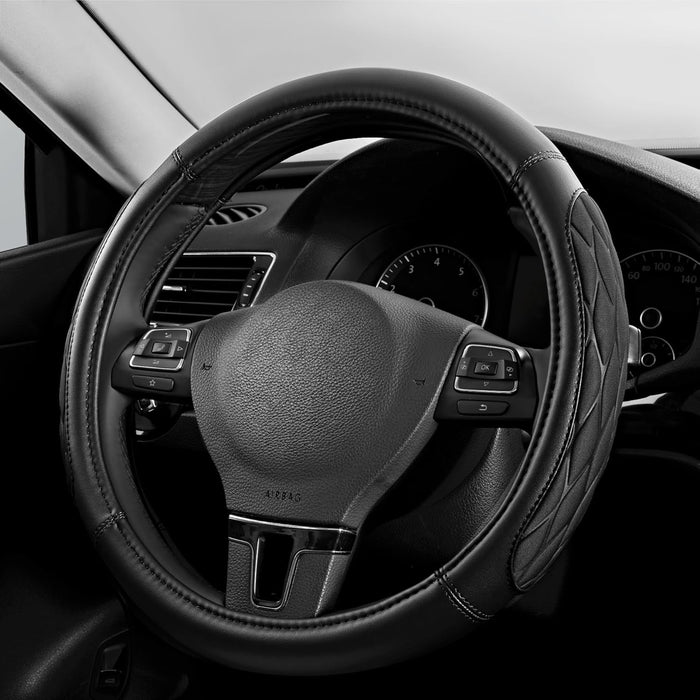 Steering Wheel Cover, Black Thick Rhombic Foam and Premium Leather, Universal 14.5-15.5 Inch Breathable Anti-Slip Steering Wheels Accessories for Men & Women