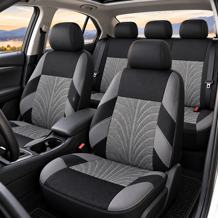 Car Seat Covers for 5 Seats Universal, Fabric Breathable Car Front & Rear Seat Protectors, with Tire Track Details.
