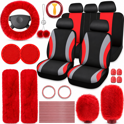 Car Interior & Seat Decorative Accessories, Car Interior Accessory, Universal Plush Steering Wheel Protective Cover Kit, Car Interior Seat Set for Women & Men, Cute Car Accessories, Girly Car Interior Sets, Seat Covers