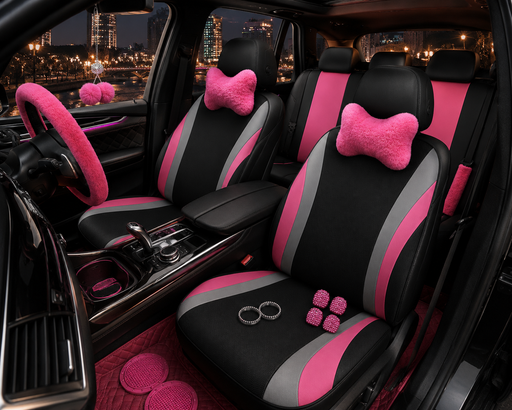 Car Interior & Seat Decorative Accessories, Car Interior Accessory, Universal Plush Steering Wheel Protective Cover Kit, Car Interior Seat Set for Women & Men, Cute Car Accessories, Girly Car Interior Sets, Seat Covers