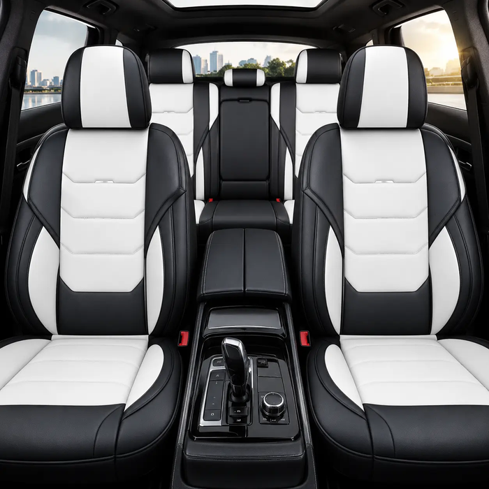 Universal Waterproof Nappa Leather Car Seat Covers Full Set for 5 Seats – Luxury Seat Protectors with Head Pillows, Airbag Compatible, Universal Fit for Cars, SUVs & Trucks, Gray & White*