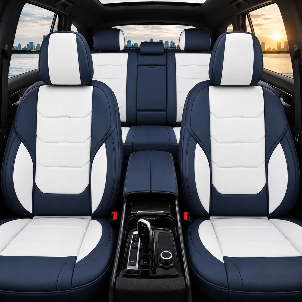 Premium Leather Car Seat Covers Full Set – Waterproof Universal Fit for Most Cars, SUVs & Trucks – Front & Rear Seat Protector – Black & White