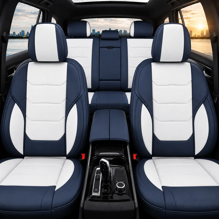 Premium Leather Car Seat Covers Full Set – Waterproof Universal Fit for Most Cars, SUVs & Trucks – Front & Rear Seat Protector – Black & White
