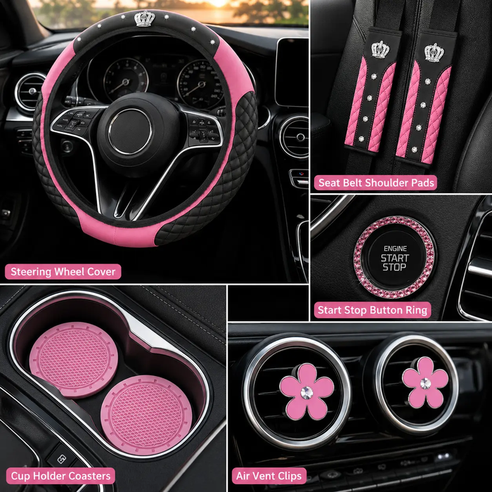 10Pcs Universal Luxury Car Steering Wheel Cover, Shoulder Protector with Daisy Vent Clips - Value-Added Combo Set, Non-Slip Breathable All-Season Interior Decor Gift for Most, Steering Wheel Cover, Steering Wheel Cover for Car