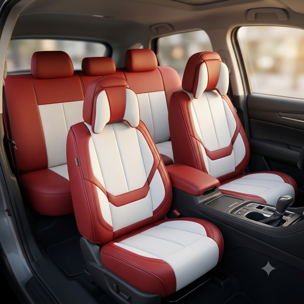 Stylish 5-Piece Waterproof Nappa Leather Car Seat Cover Set - Universal Fit in Red & White with Head Pillow