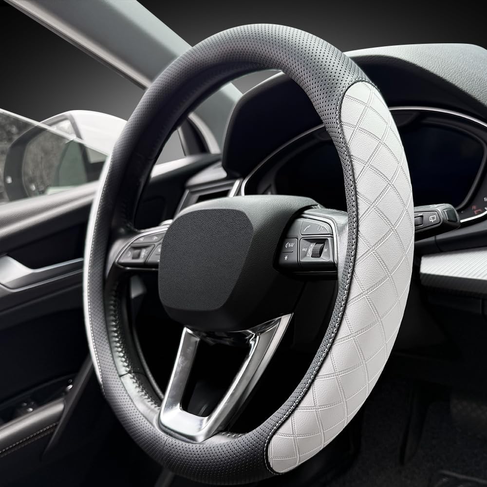 Nappa Leather Steering Wheel Cover, Elegant Diamond Checkered Design, Non-Slip Wear-Resistant, Enhance Driving Comfort, Suitable for Steering Wheel Diameter 14 1/2‘-15’ Models.Black White