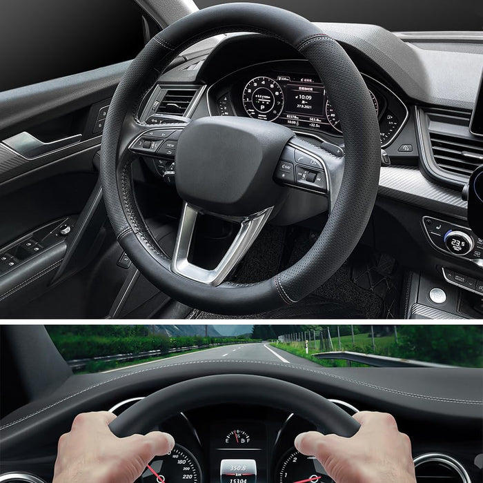 Nappa Premium Leather Car Steering Wheel Cover, Non-Slip, Breathable, Universal 15 Inches (Red Blue Line)