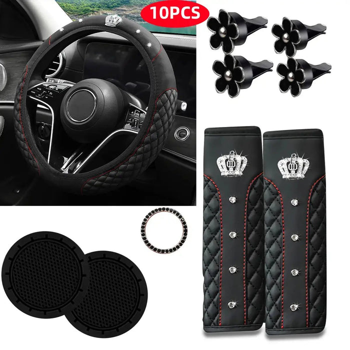 10Pcs Universal Luxury Car Steering Wheel Cover, Shoulder Protector with Daisy Vent Clips - Value-Added Combo Set, Non-Slip Breathable All-Season Interior Decor Gift for Most, Steering Wheel Cover, Steering Wheel Cover for Car
