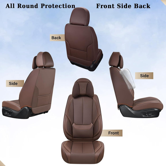 **Universal Waterproof Nappa Leather Car Seat Covers Full Set for 5 Seats – Front & Rear Auto Seat Protectors with Head Pillows, Airbag Compatible, Fits Most Cars, SUVs & Trucks, Brown**