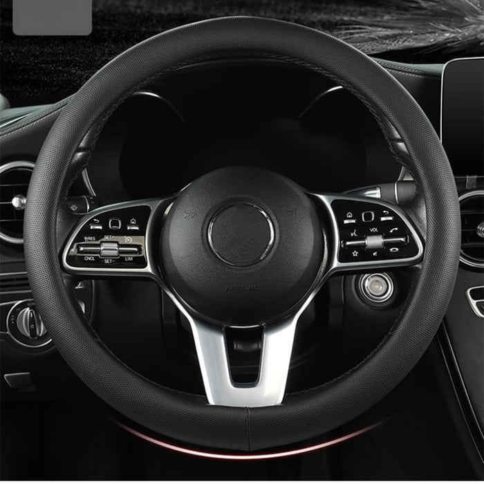 15 Inch Universal Premium PU Leather Steering Wheel Cover, Full Wrap Anti-Slip and Breathable Design for Car, Black