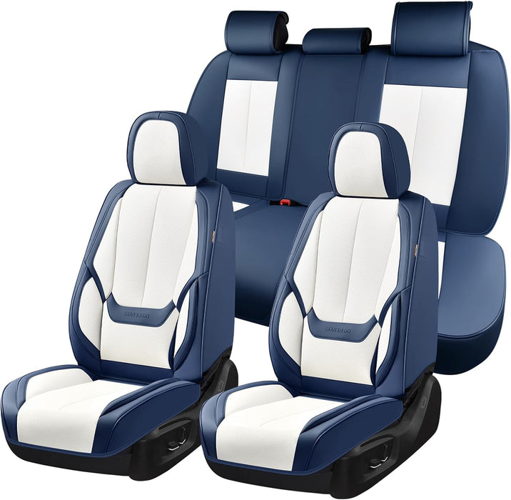 Premium Leather Car Seat Covers Full Set – Waterproof Universal Fit for Most Cars, SUVs & Trucks – Front & Rear Seat Protector – Black & White