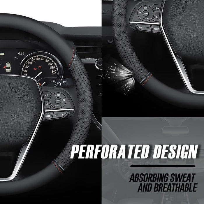 Nappa Premium Leather Car Steering Wheel Cover, Non-Slip, Breathable, Universal 15 Inches (Red Blue Line)