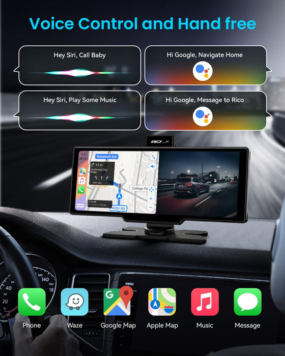Portable Apple Carplay Screen, 10’’ Car Stereo Wireless Car Play & Android Auto Touch Screen, 4K Dash Cam, 1080P Backup Camera, Mirror Link/Voice Control/Music Play/Gps Navigation