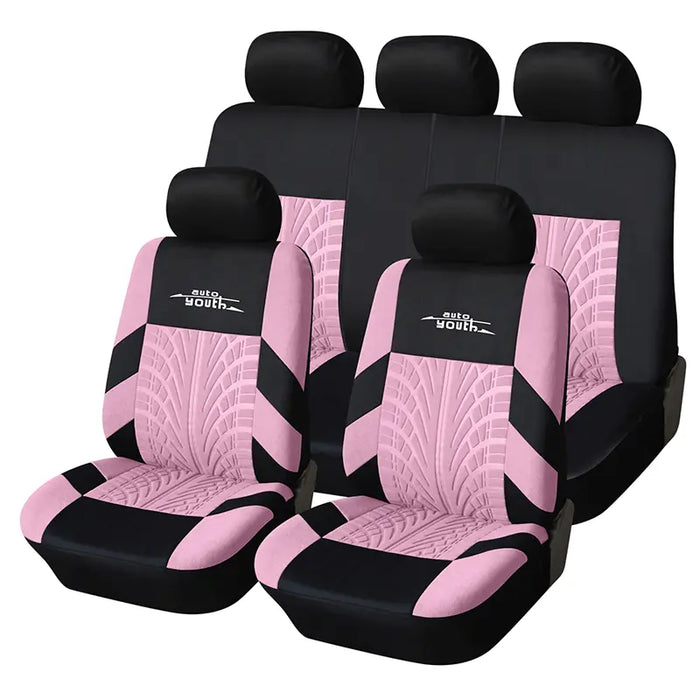Car Seat Covers for 5 Seats Universal, Fabric Breathable Car Front & Rear Seat Protectors, with Tire Track Details, Airbag Compatible, Full Protection, Fits Most Cars Trucks Vans Suvs, Red Vehicle Seat Covers, Truck Accessories, Car Interior Accessories