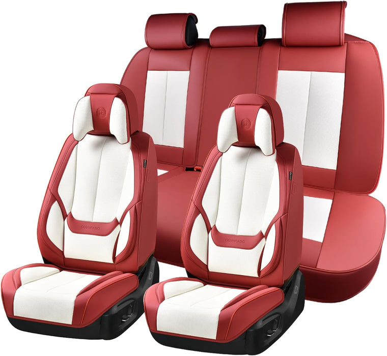 Transform Your Ride with Our Stylish 5-Piece Waterproof Nappa Leather Car Seat Cover Set - Universal Fit in Red & White with Head Pillow