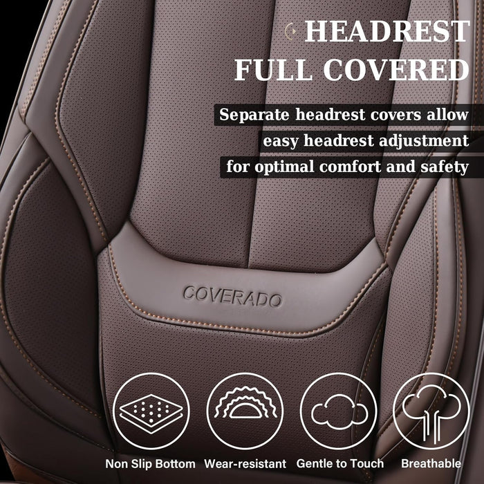 **Universal Waterproof Nappa Leather Car Seat Covers Full Set for 5 Seats – Front & Rear Auto Seat Protectors with Head Pillows, Airbag Compatible, Fits Most Cars, SUVs & Trucks, Brown**
