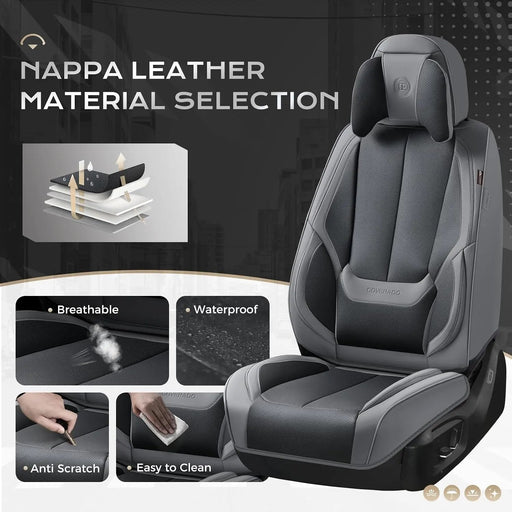  Leather Seat Covers Full Set, 5 Seats Seat Covers for Cars, Waterproof Nappa Leather Car Seat Covers with Head Pillow, Seat Protectors Car Seat Cushion Universal Fit for Most Cars (Gray&Black)