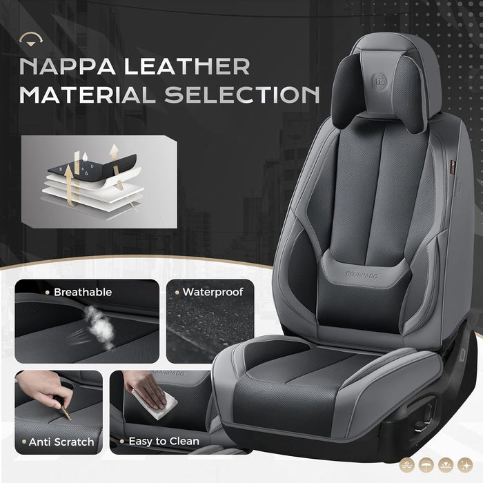  Leather Seat Covers Full Set, 5 Seats Seat Covers for Cars, Waterproof Nappa Leather Car Seat Covers with Head Pillow, Seat Protectors Car Seat Cushion Universal Fit for Most Cars (Gray&Black)