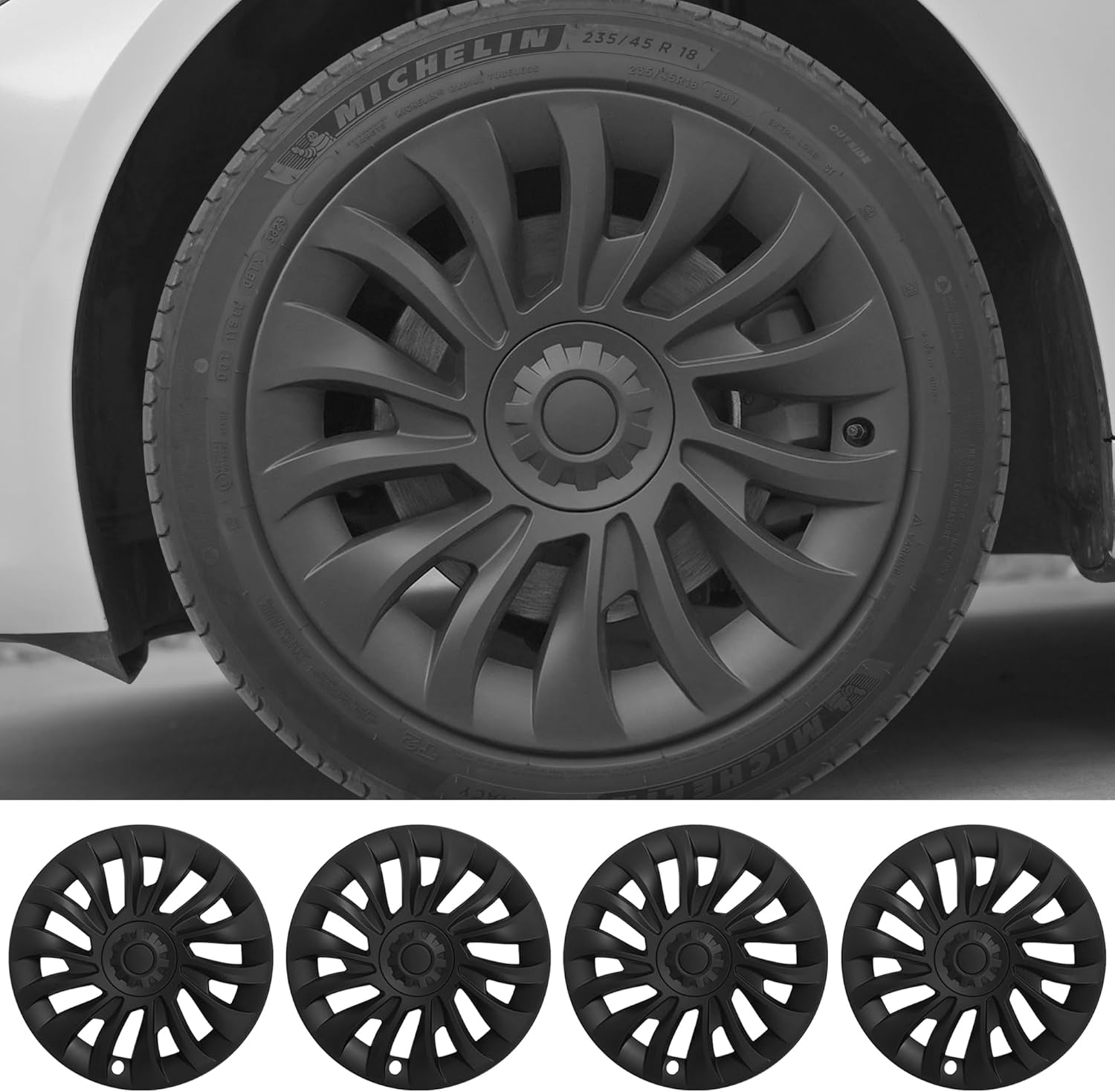 FORAUTOMOD 18 Inch Wheel Covers for Tesla Model 3, Hubcaps for Tesla Model 3, Matte Black Wheel Cover Hubcaps Compatible for Model 3 2024 2023 2022 2021, Accessories, Set of 4 (Asymmetry)
