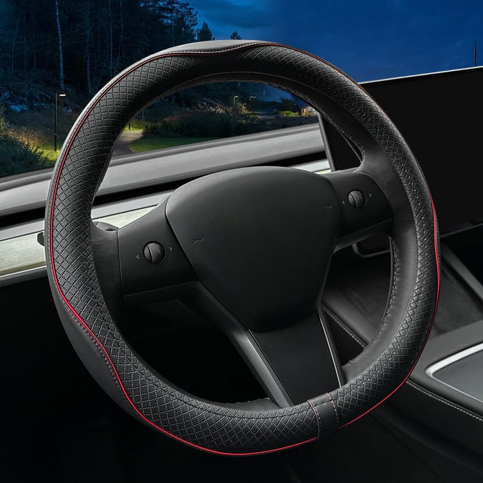 Nappa Leather Ultra-Thin Steering Wheel Cover, for Tesla Model 3/Y Steering Wheel Cover, Non-Slip Design and Interior Modification of Car Accessories （Black and Red）