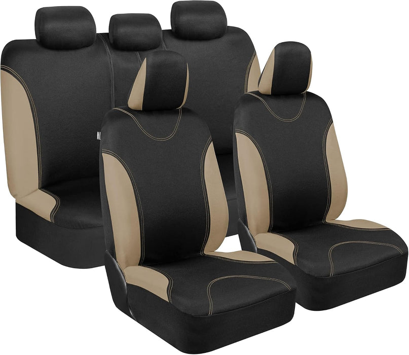 Ultrasleek Beige Seat Covers for Cars Full Set, Two-Tone Front Seat Covers with Matching Back Seat Cover, Stylish Car Seat Protectors with Split Bench Design,