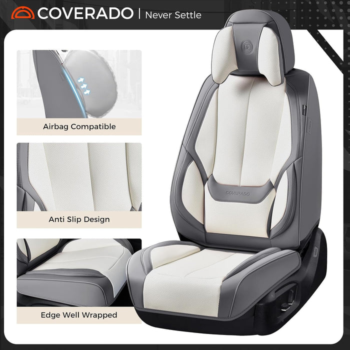 **Universal Waterproof Nappa Leather Car Seat Covers Full Set for 5 Seats – Luxury Seat Protectors with Head Pillows, Airbag Compatible, Universal Fit for Cars, SUVs & Trucks, Gray & White*