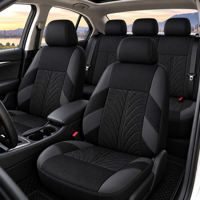 Car Seat Covers for 5 Seats Universal, Fabric Breathable Car Front & Rear Seat Protectors, with Tire Track Details.