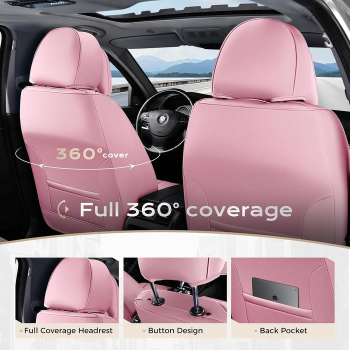 Universal Car Seat Covers Full Set – Waterproof Nappa Leather Seat Covers for Cars, SUVs & Trucks, Luxury Interior Protection with Head Pillows, Pink