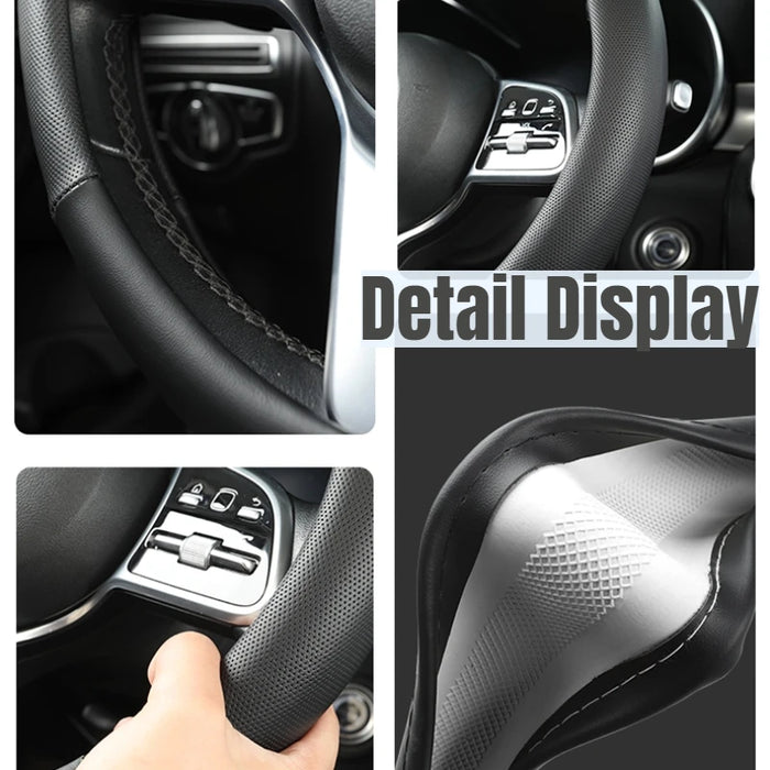 15 Inch Universal Premium PU Leather Steering Wheel Cover, Full Wrap Anti-Slip and Breathable Design for Car, Black