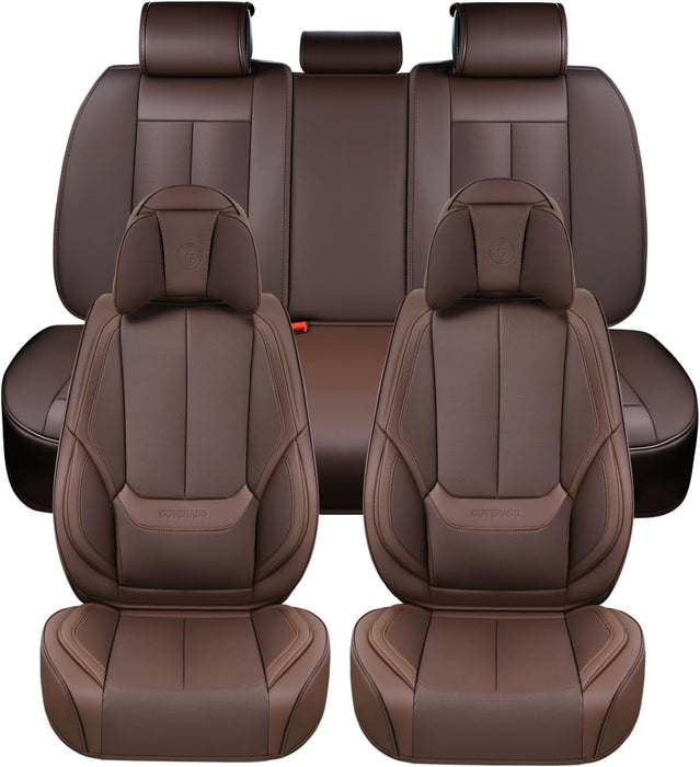 **Universal Waterproof Nappa Leather Car Seat Covers Full Set for 5 Seats – Front & Rear Auto Seat Protectors with Head Pillows, Airbag Compatible, Fits Most Cars, SUVs & Trucks, Brown**