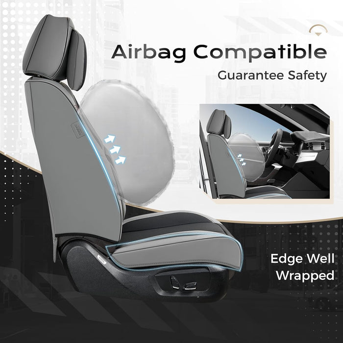  Leather Seat Covers Full Set, 5 Seats Seat Covers for Cars, Waterproof Nappa Leather Car Seat Covers with Head Pillow, Seat Protectors Car Seat Cushion Universal Fit for Most Cars (Gray&Black)