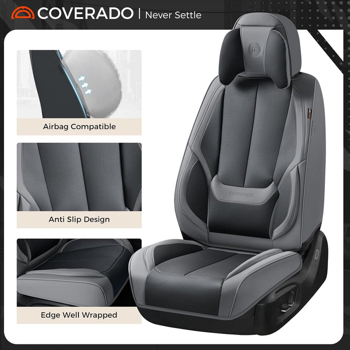  Leather Seat Covers Full Set, 5 Seats Seat Covers for Cars, Waterproof Nappa Leather Car Seat Covers with Head Pillow, Seat Protectors Car Seat Cushion Universal Fit for Most Cars (Gray&Black)