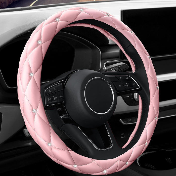 Cute Diamond Soft Light Pink Leather Anti-Slip Steering Wheel Cover with Bling Bling Crystal Rhinestones, Universal 15 Inch for Women Girls, Fit Vehicles, Sedans, Suvs, Vans, Trucks
