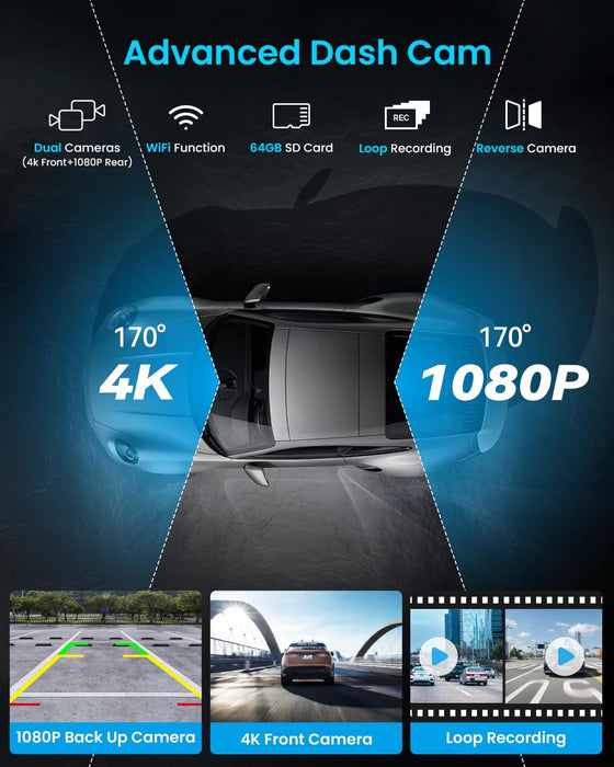 Portable Apple Carplay Screen, 10’’ Car Stereo Wireless Car Play & Android Auto Touch Screen, 4K Dash Cam, 1080P Backup Camera, Mirror Link/Voice Control/Music Play/Gps Navigation