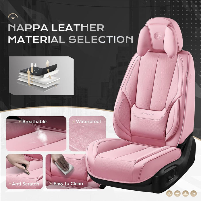 Universal Car Seat Covers Full Set – Waterproof Nappa Leather Seat Covers for Cars, SUVs & Trucks, Luxury Interior Protection with Head Pillows, Pink
