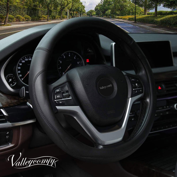 Heavy Duty Pure Cowhide Steering Wheel Cover, Black Genuine Leather Steering Wheel Cover Men Women Universal 14.5 to 15 Inch
